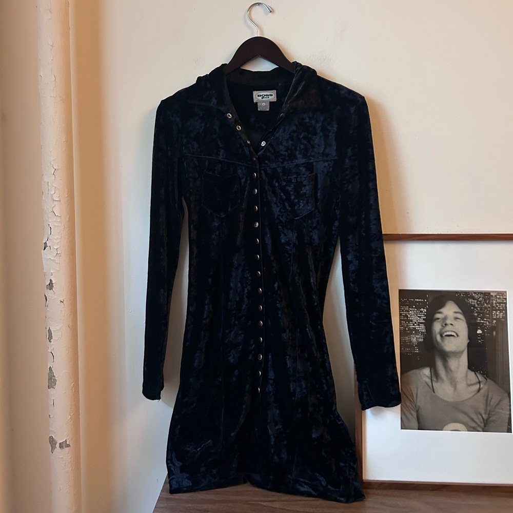 vintage 90s y2k goth grunge button up black velvet dress long sleeve boss girl